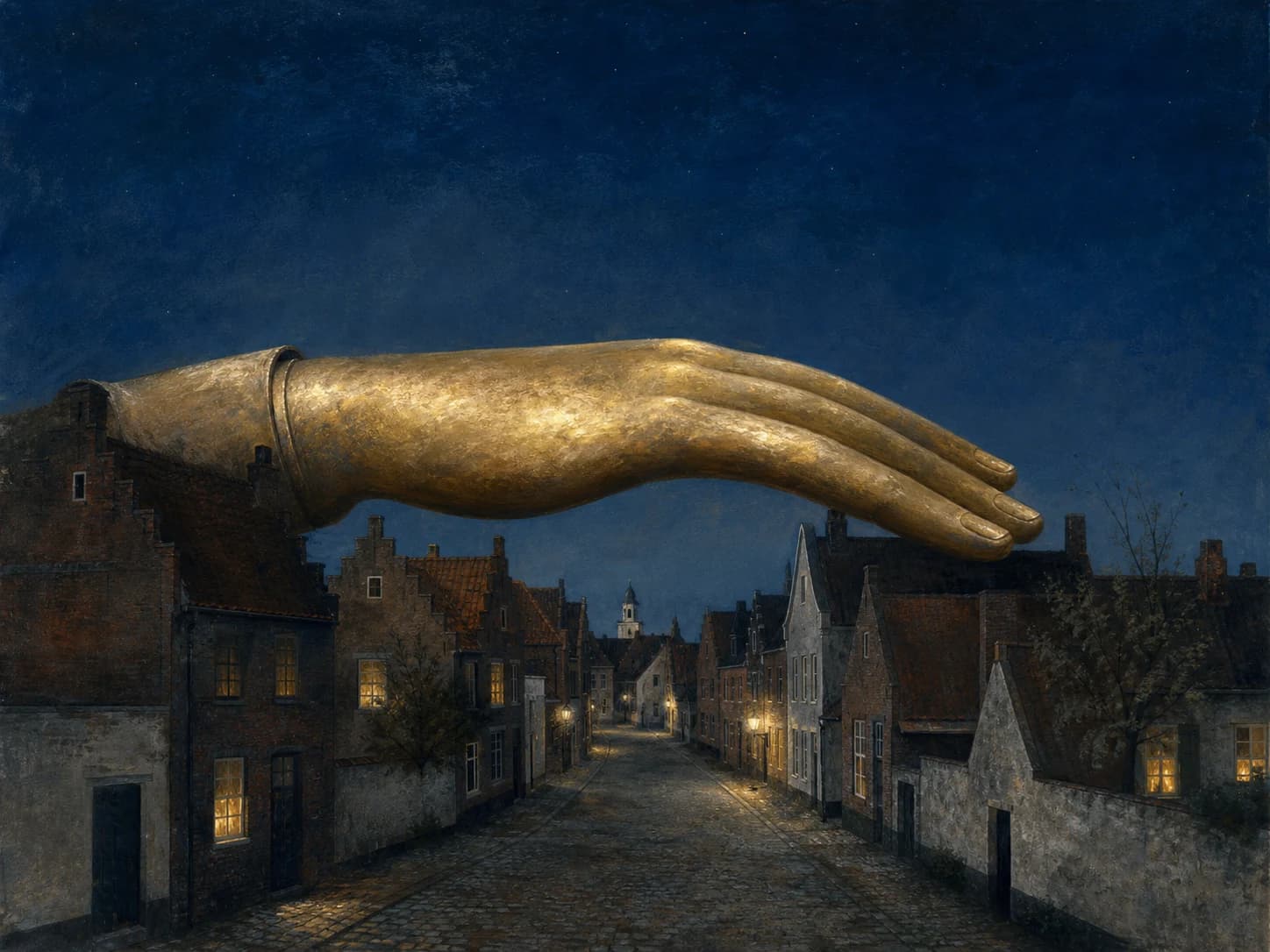 Een donkerblauwe dorpsstraat onder een grote gouden hand die beschermend boven de daken rust.