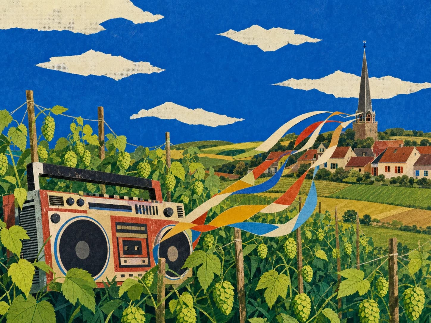 Een reusachtige boombox als papieren collage tussen hopplanten, met Watou klein aan de horizon.