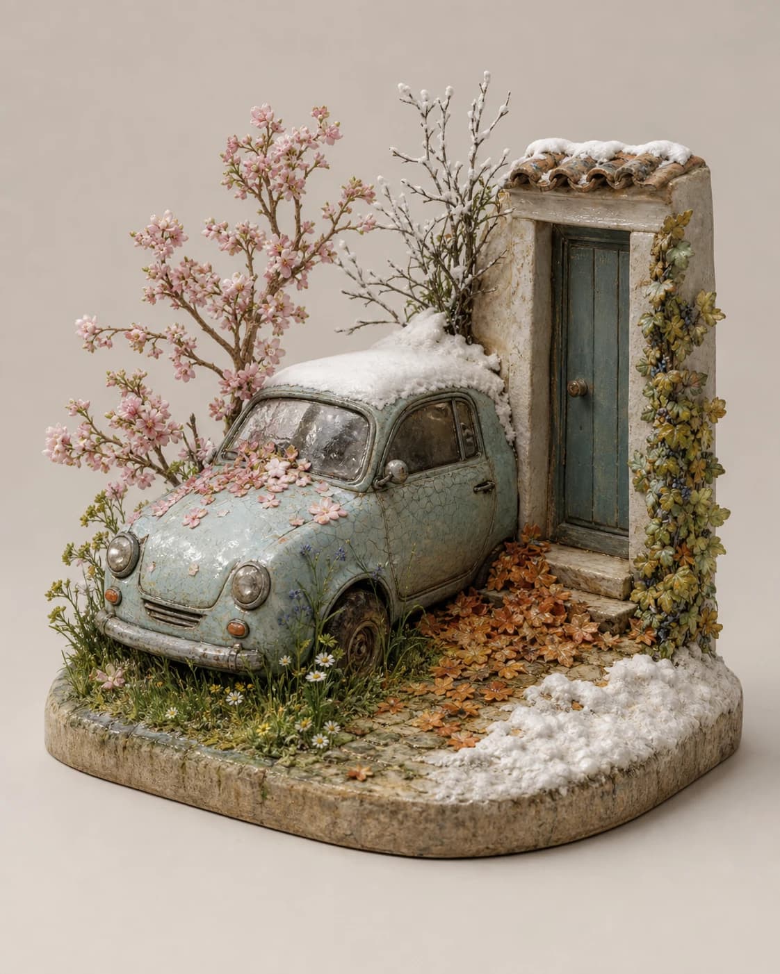 Een keramieken auto blokkeert een deur terwijl lente, zomer, herfst en winter eromheen zijn gegroeid.