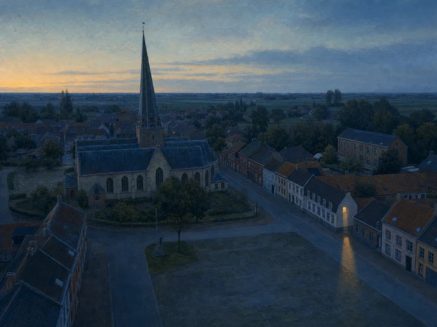 Een blauw dorp bij dageraad met één warm verlicht raam en de kerkspits in de verte.
