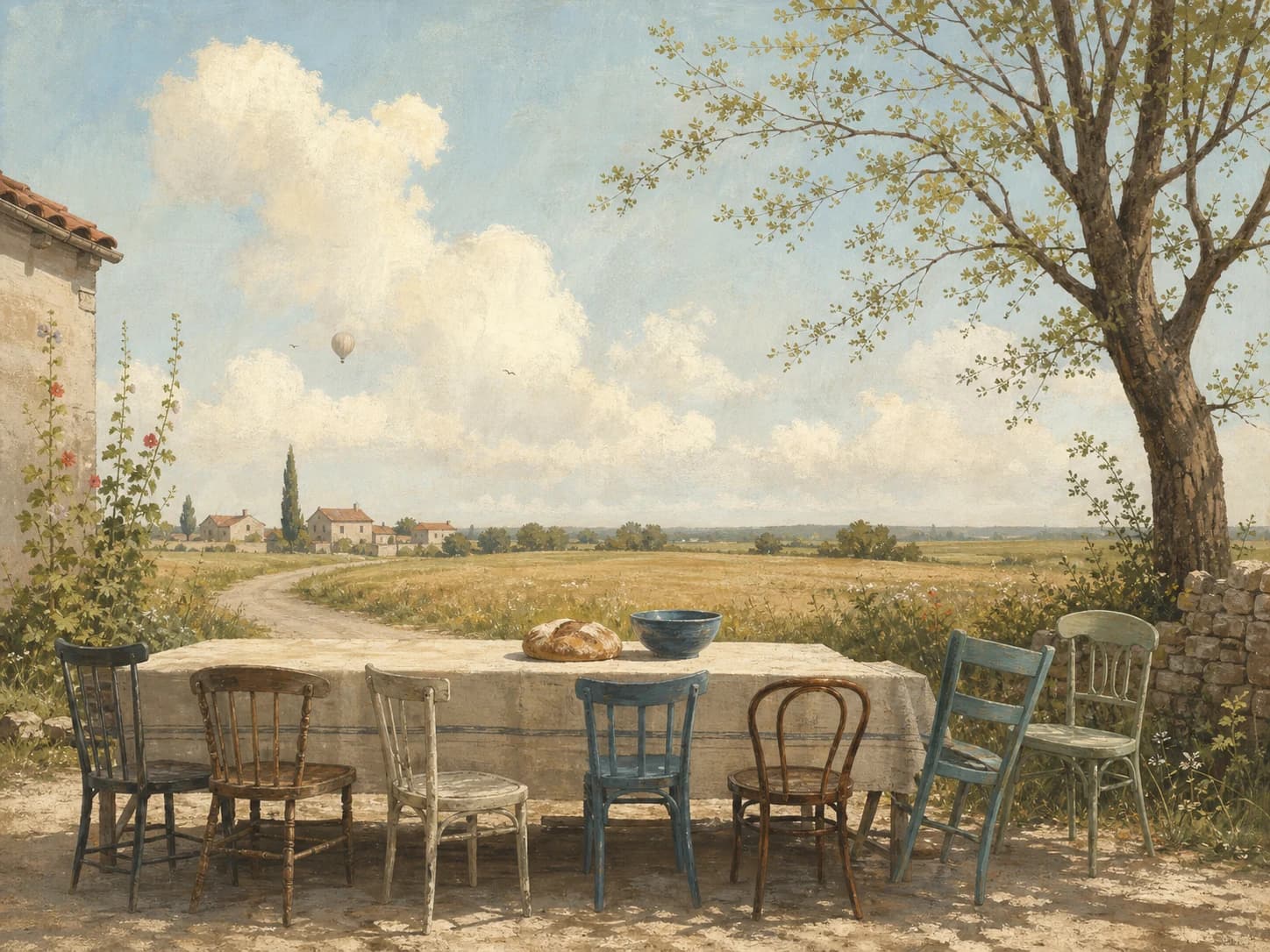 Een lange tafel met verschillende lege stoelen, brood en een blauwe schaal aan de rand van open velden.